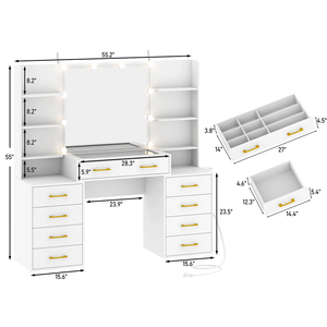 Hiện Đại Đèn LED Vanity bàn với Trạm Sạc Glass Top gỗ trang điểm Bảng trang điểm cho phòng ngủ - Product Image 2