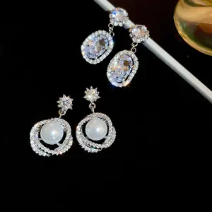 Silver Needle Zircon Flower Pearl Earrings Light Luxury Senior Sense Studs Personality Earrings Female