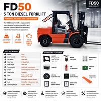 Empilhadeira Diesel FD50 5T: Motor Xinchai, Elevação de 3m, Mastro de 2 Estágios, Automática, Deslocamento Lateral, Garfos de 1800mm