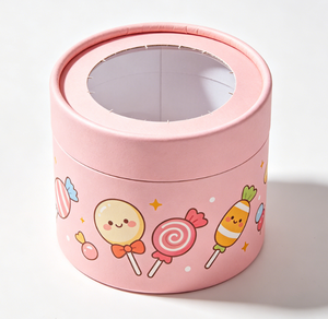 Custom Eco-Friendly Pink Round Paper Tube <b>Box</b> with Gold Foil Printing and <b>Clear</b> Window <b>Lid</b> for Candy and <b>Gift</b> Packaging - Product Image 2