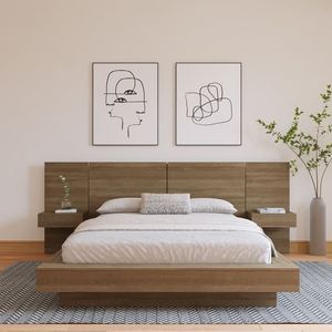 Base de Cama <span class=keywords><strong>Flotante</strong></span> de Madera Maciza con Cabecera Integrada y Estantes Laterales, Acabado en Chapa de <span class=keywords><strong>Roble</strong></span> <span class=keywords><strong>Natural</strong></span>, Diseño Minimalista - Product Image 4