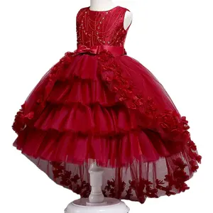 2024 New children's dress Princess dress wedding dress fluffy lace trailing lace piano show