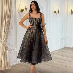 Abito <span class=keywords><strong>Midi</strong></span> Vintage di Alta Qualità per Donna con Spalline Sottili, Pizzo, <span class=keywords><strong>Fiori</strong></span> in Rete, Stile Trendy ed Ecologico per Feste, Nuovo Modello - Product Image 1