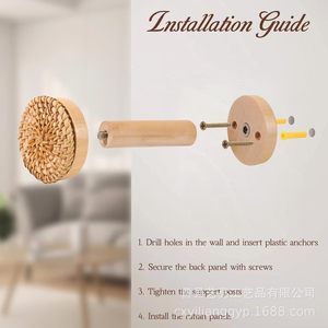 Attaches de rideaux en rotin tressé en bois, rondes, à fixation murale, installation facile, style rustique - Product Image 3