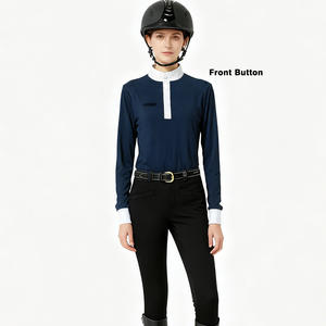 Camisa de equitación para mujer, manga larga, con botones ocultos, abertura lateral, blanca, para competición ecuestre, azul marino, top ecuestre - Product Image 1