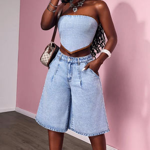 Short en jean bleu clair légèrement extensible coupe ample |   Poches à détails lavés pour le printemps/été - Product Image 6