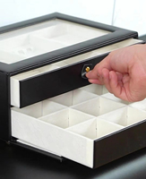 Caja Organizadora de Joyería Negra al por Mayor con Tapa de Cristal y Doble Cajón para Almacenamiento y Exhibición de Joyería