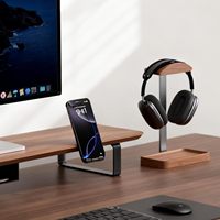 Support pour casque en noyer, supports de casque en bois avec base de rangement, supports de rangement de bureau adaptés aux casques de jeu et de musique
