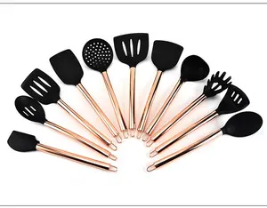 Ensemble d'ustensiles de cuisine en silicone, avec poignées tubes en acier inoxydable, plaqué cuivre, couleur or, lot de 11 pièces