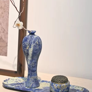 Jarrón de mármol azul boliviano hecho a mano de primera calidad, decoración artística elegante para sala de estar y dormitorio - Product Image 6