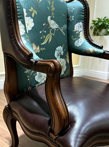 Two Tone Wingback Solid Wood Accent Chair Floral Jacquard Fabric <b>Dark</b> Brown PU Rivet Trim Cabriole Leg Living <b>Room</b> Armchair - Product Image 3