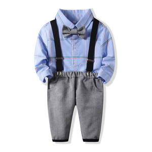 Vêtements pour bébé garçon, tenue de <span class=keywords><strong>gentleman</strong></span> pour printemps et automne, ensemble chemise à nœud papillon et salopette pour nouveau-né et tout-petit, vêtements pour garçons chushi - Product Image 1