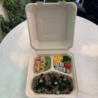 Boîte à lunch carrée jetable biodégradable 9*9, barquette à emporter à 3 compartiments, 1200 ml, conteneur alimentaire en bagasse de canne à sucre