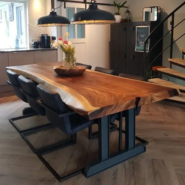 Endüstriyel mobilya modern canlı kenar döşeme katı ceviz ahşap restoran yemek masası