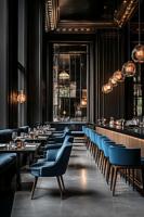 Banquette de restaurant en cuir et velours de luxe avec plateau en pierre durable et design intérieur moderne