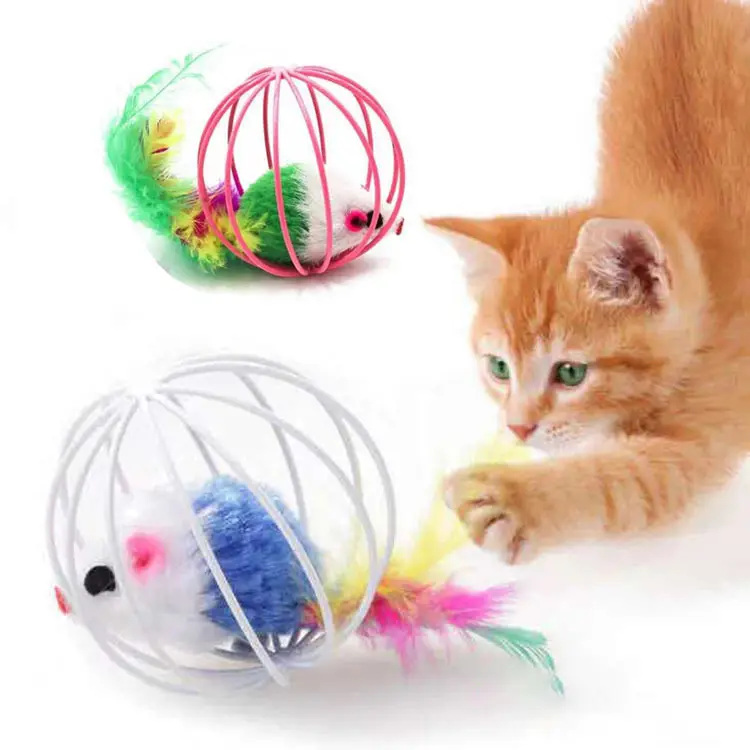 Wholesale Cat Interactive Toy Stick Feather Wand With Bell Mouse Cage ball Toys Plastic Colorful Cat Teaser Toy