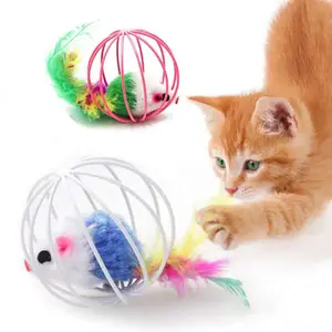 Wholesale Cat Interactive Toy Stick Feather Wand With Bell Mouse Cage ball Toys Plastic Colorful Cat Teaser Toy