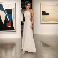 Robe longue en mousseline tissée à col licou, imprimé numérique à pois, taille naturelle, dos ouvert, style bohème plage, vente en gros, personnalisable OEM