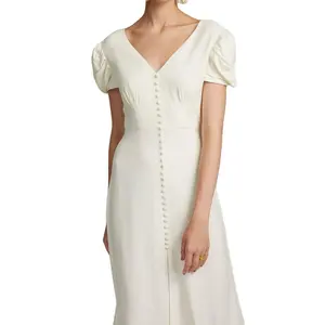 Support Customized New V-neck Button Design White Long Dress Simple Puff Sleeve Elegant Banquet Dress