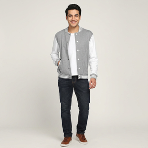 <b>Mens</b> Grey and <b>White</b> Varsity <b>Jacket</b> Contrast Sleeves Solid Collar Cuffs Hem Zipper Front Casual Outerwear Waterproof Knitted - Product Image 1