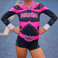 Uniforme de Animadoras con Pedrería Brillante, Color Rosa y Negro, Manga Larga, para Competencia y Entrenamiento