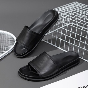 Black PU Slides Open Toe EVA Outsole Anti-Slippery Indoor <b>Slippers</b> All Seasons Casual Wear men's Slides <b>Slippers</b> - Product Image 1