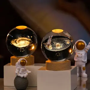 Crystal Ball 3D Glass Ornaments Solar System Moon Luminous Wooden Base Home Decoration Christmas Gift Night Light Crystal Light