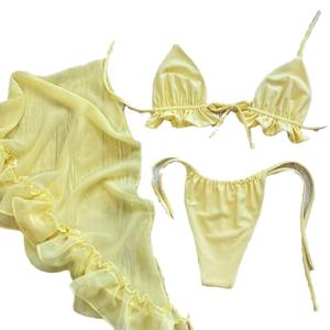 Сексуальный комплект бикини из трех предметов для женщин с рюшами однотонный и сетчатый пляжный купальник для летних каникул - Product Image 6