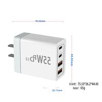 Pengisi Daya Cepat 55W 2-Port USB-C PD 65W dengan Teknologi GaN, Colokan Dinding untuk Earphone, Proteksi OTP