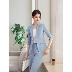 Light Blue Three Quarter Sleeve Blazer And Trousers Set Women's Professional Suit For Commute Anti-Wrinkle Worsted Fabric - Product Image 1