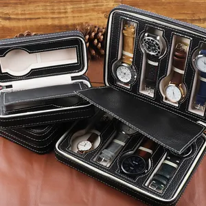 Portable easy carrying PU leather zipper 2/4/8 slots watch travel case box storage for watch accessories
