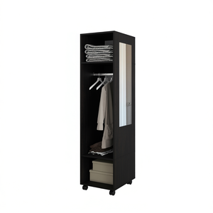 Armario de Madera Convertible Negro con Espejo, Puerta Corredera, 3 Estantes, 2 Cajones, Diseño Europeo Moderno para Dormitorio - Product Image 1