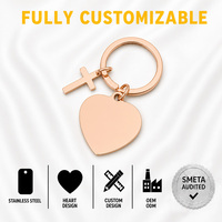 Porte-clés en acier inoxydable plaqué or rose personnalisé en gros avec breloque croix et pendentif cœur gravé – Cadeau idéal pour la vente en gros