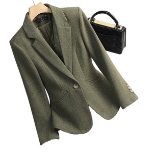 Women's Wool Blazer Brown Herringbone Slim Fit Full Sleeve Warm Jacket Autumn Winter Style - Product Image 5