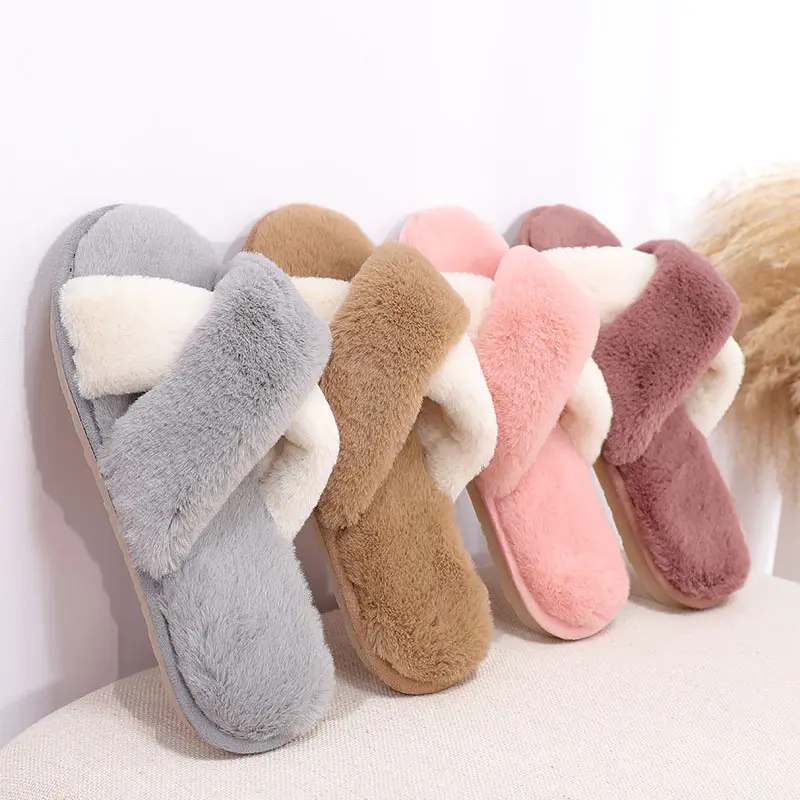 Women Fluffy Winter Sandal Cross Plush Open Toe Sandal Soft Flat Shoes Warm Faux Fur Slipper Home Female Shoes