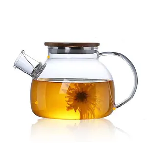 أبريق شاي زجاجي الحرارة مقاومة المياه الزجاج قنينة مع غطاء من البامبو الزجاج جرة