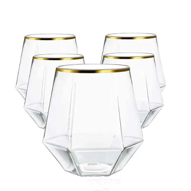 9oz 12oz Gold rim Reusable PET Plastic Unbreakable Stemless Wine Glass Bar Party shatterproof Soda Champagne whisky cups