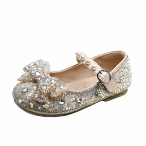 Chaussures de princesse en cuir strass avec nœud papillon pour printemps et automne pour enfants, chaussures plates pour spectacle de danse pour filles