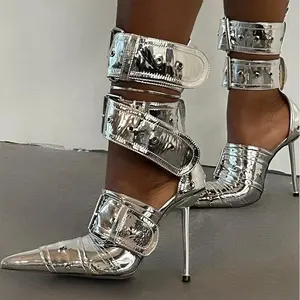 Bright Silver Women's Denim Metal Thin High Heels Sexy Punk Style Buckles Sandals Ladies Closed Pointed Toe Straps Stiletto