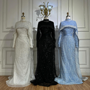 Abiti da sera musulmani completamente coperti a <span class=keywords><strong>maniche</strong></span> <span class=keywords><strong>lunghe</strong></span> blu con mantello sereno Hill LA72032MP eleganti abiti da festa da donna - Product Image 4