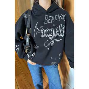 Sweat-shirt oversize noir imprimé pour femme, en soie de haute qualité, avec broderie et impression en relief, style streetwear léger pour l'hiver - Product Image 4