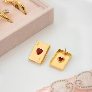 Custom <b>Gold</b> Color Lady Earring 14k 18k PVD <b>Gold</b> Plated Fashion 316L Stainless Steel Red Zircon Playing <b>Card</b> Earrings For Women - Product Image 4