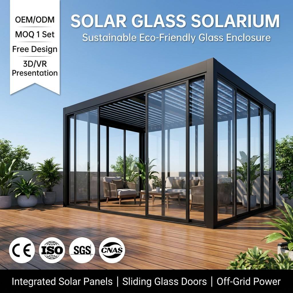 Eco Friendly Solar Powered Pergola With Sliding Glass Doors Power Storage Sustainable Solarium Balcony Gazebo · image 1