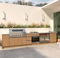 Modules de cuisine extérieure modulaires, unités de rangement combinables avec niveleurs indépendants et modules d'évier ou de barbecue pour aménagements de jardins.