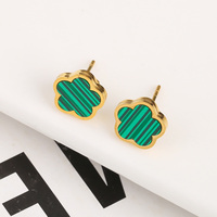 Pendientes de tuerca chapados en oro de 18K para mujer, joyería de piedras preciosas de acero inoxidable, trébol de cinco hojas, flor Vintage delicada