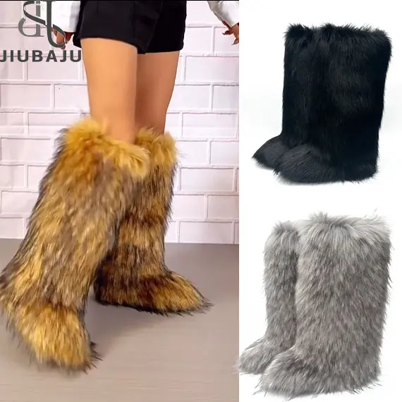 Ins vente chaude mode longues femmes bottes à fourrure hiver genou longueur garder au chaud dames bottes de neige