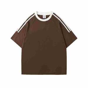 T-shirt en coton à col rond et manches courtes avec logo personnalisé imprimé, trois bandes, épaules tombantes, vêtement décontracté - Product Image 5