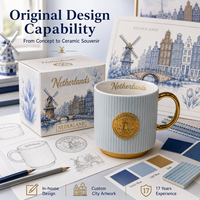 Mug à café en céramique souvenir des Pays-Bas, motif moulin à vent 3D avec insigne métallique doré, en porcelaine fine, personnalisable OEM ODM, vente en gros