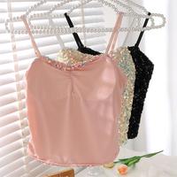 Camisole d'été brodée de sequins pour femme, sexy, dos nu, avec coussinets de poitrine, haut, sous-vêtement, débardeur