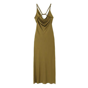 2024 verde militar Spaghetti Trager Zuruck Aushohlen Khaki Farbe <span class=keywords><strong>Lassig</strong></span> Sommer Frauen Lange Slip Kleid - Product Image 2